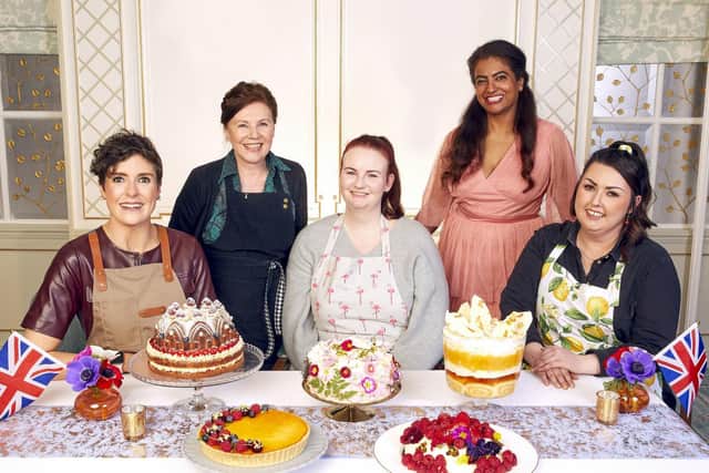 The finalists of The Queens Jubilee Pudding. From left, Sam, Susan, Kathryn, Shabnam, Jemma with their puddings. PIC: BBC/PA Wire