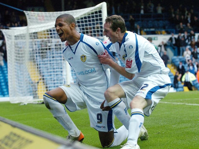 Jermaine Beckford celebrates his first goal with Aidy White.