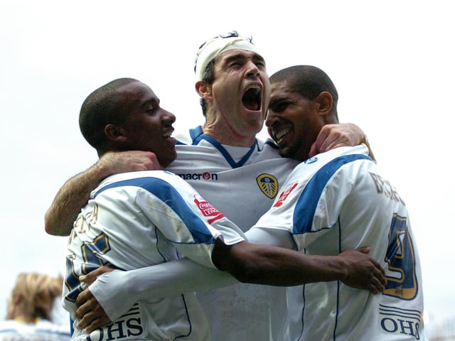 Jermaine Beckford celebrates his second goal with Fabian Delph and Andrew Hughes.