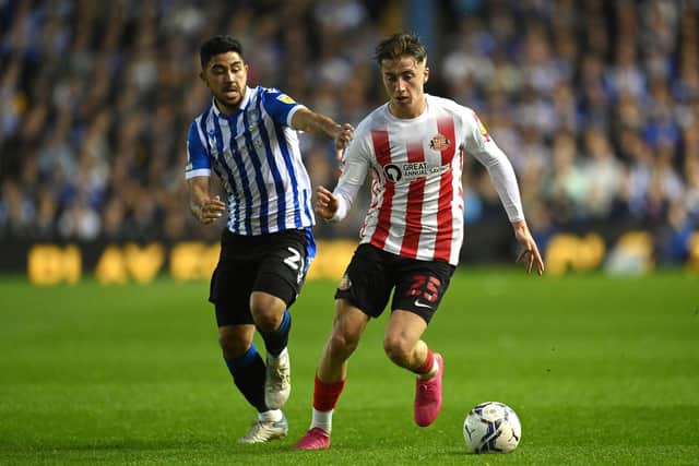 Former Leeds United attacker Jack Clarke on the ball during Sunderland's play-off semi-final against Sheffield Wednesday. Pic: Michael Regan.