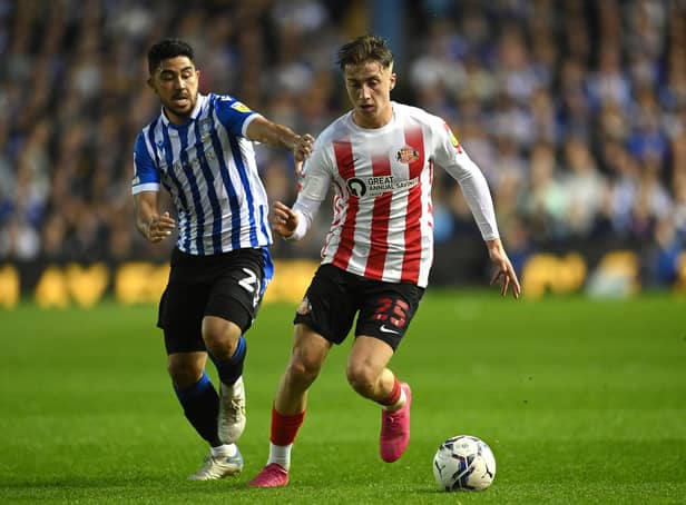 Former Leeds United attacker Jack Clarke on the ball during Sunderland's play-off semi-final against Sheffield Wednesday. Pic: Michael Regan.