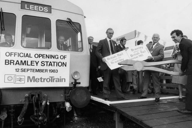 Bramley Station opened in September 1983. County Council Bill Sykes (centre), chairman of West Yorkshire County Council, has his ticket punched by Paul Watkinson (right) Yorkshire division manager, British Rail and Bill Cottham (left), director general of the West Yorkshire passenger transport Executive.