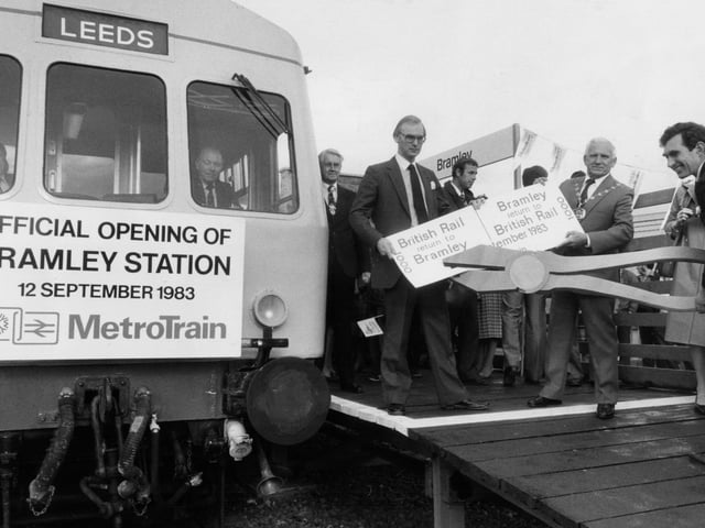 Bramley Station opened in September 1983. County Council Bill Sykes (centre), chairman of West Yorkshire County Council, has his ticket punched by Paul Watkinson (right) Yorkshire division manager, British Rail and Bill Cottham (left), director general of the West Yorkshire passenger transport Executive.