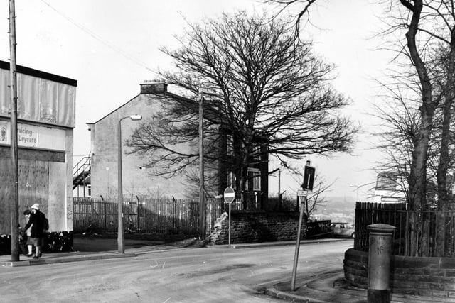 Back Lane from the junction with Stanningley Road in February 1983. In the centre is Town End House, a Grade II listed building dating back to the late 18th century, which is numbered 9 Lower Town Street, this being the junction with Back Lane on the right.