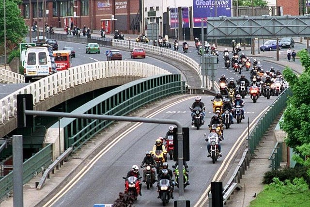Members of the Leeds branch of the Motorcycle Action Group took to the streets of Leeds to draw attention to their campaign for motorcycles to have the use of bus lanes, secure motorcycle parking and to generally encourage more people to ride motorcycles and scooters. Pictured is the ride approaching Quarry House on the A64, York Road.