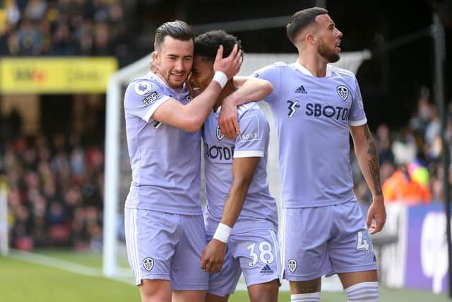 NOMINATION: For Leeds United winger Crysencio Summerville, centre, pictured celebrating with Jack Harrison, left, and Sam Greenwood, right, in the 3-0 win at Watford. Photo by Alex Morton/Getty Images.