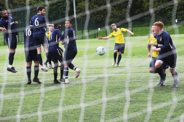 Two-goal Steve Wales sends a freekick wide for Gildersome Spurs OB in their 2-2 Yorkshire Amateur Premier encounter with St Bedes. Picture: Steve Riding.