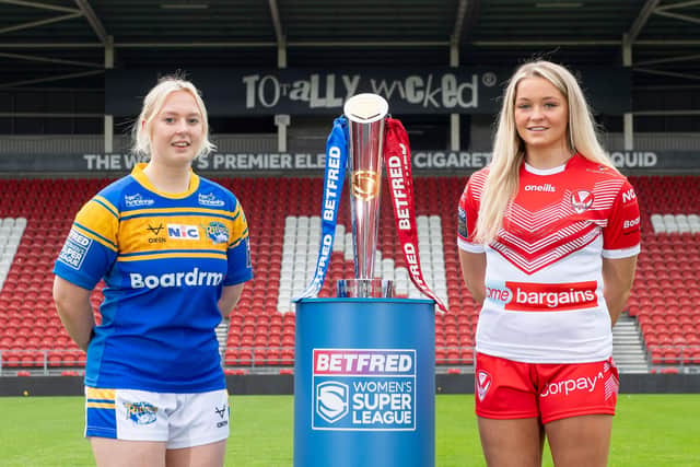 Leeds Rhinos’ Keara Bennett and St Helens’ Eboni Partington at the launch of the Women’s Super League this week. Picture: Allan McKenzie/SWpix.com.