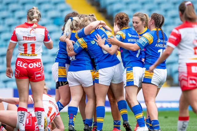 Leeds Rhinos' Zoe Hornby celebrates her try against St Helens in the Challenge Cup final last weekend. Picture: Allan McKenzie/SWpix.com.