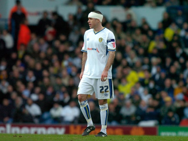 Andy Hughes back on the pitch after having received medical attention on a head injury during Leeds United's clash with Tranmere Rovers at Elland Road in February 2008.
