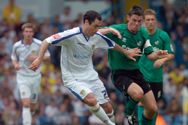Andy Hughes turns away from Stuart Campbell during Leeds United's clash against Bristol Rovers at Elland Road in August 2008.
