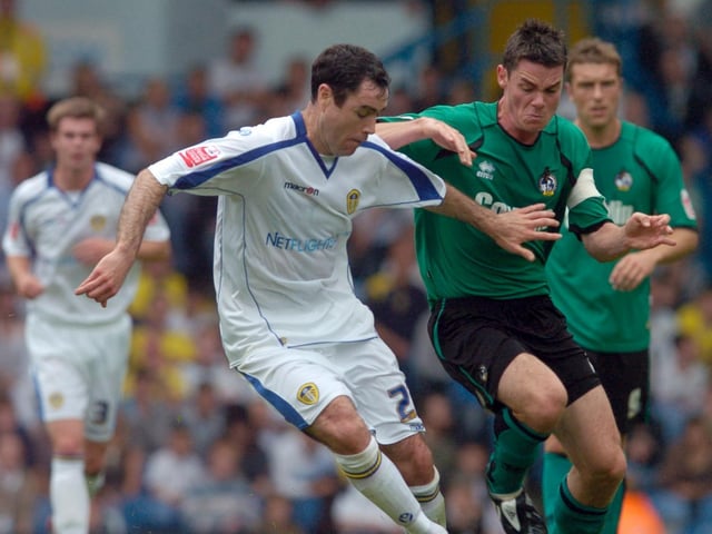 Andy Hughes turns away from Stuart Campbell during Leeds United's clash against Bristol Rovers at Elland Road in August 2008.