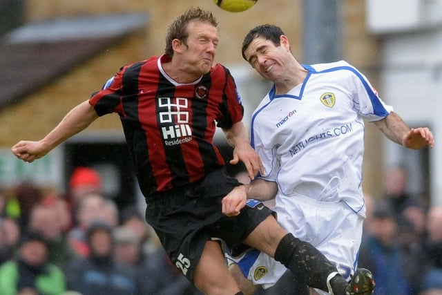 Andy Hughes goes up for a header with Histon's Gareth Gwillim during the FA Cup second round clash in November 2008.