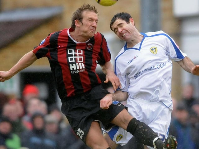 Andy Hughes goes up for a header with Histon's Gareth Gwillim during the FA Cup second round clash in November 2008.