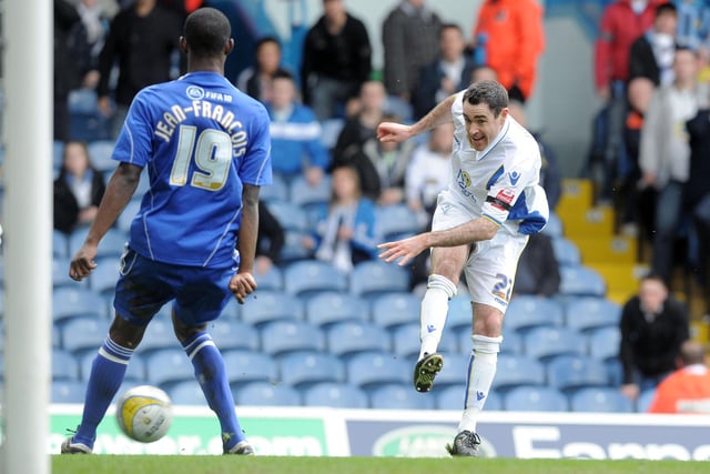 Andrew Hughes fires in a shot against Swindon Town at Elland Road in April 2010.