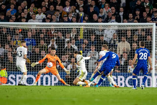 MORE MISERY: Romelu Lukaku powers home Chelsea's third and final goal in Wednesday night's victory against Leeds United at Elland Road. 
Picture by Tony Johnson.