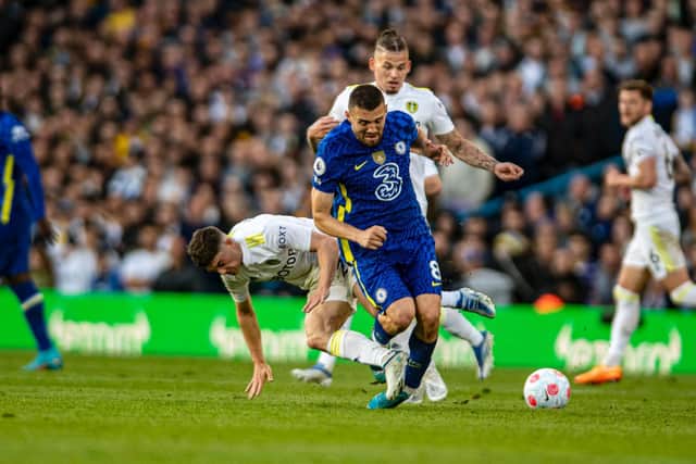 RED CARD - Daniel James of Leeds United was sent off by Anthony Taylor for this tackle on Chelsea's Mateo Kovačić. Pic: Tony Johnson