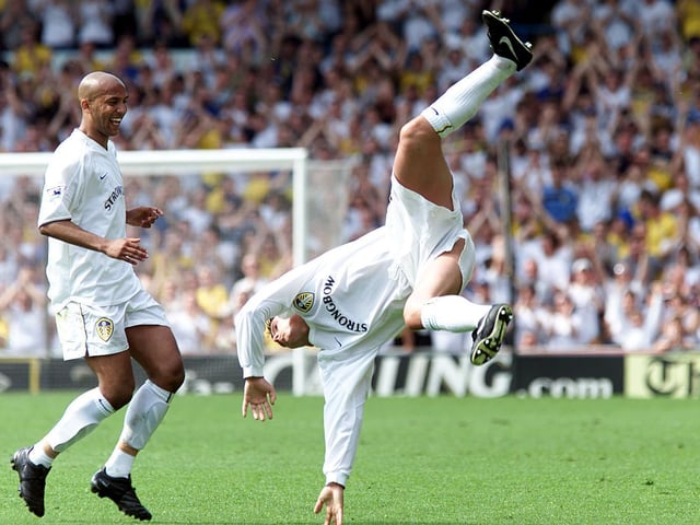 Ian Harte celebrates after his free-kicked doubled Leeds United's lead.