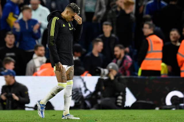 NIGHT TO FORGET: Leeds United's Brazilian international star Raphinha shows his disappointment following Wednesday night's 3-0 loss at home to Chelsea in which he was taken off with 12 minutes left after going down for treatment. 
Picture by Tony Johnson.