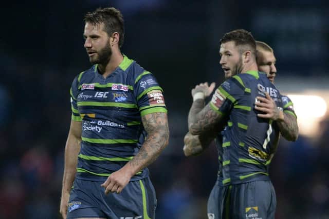 Zak Hardaker, middle, celebrates with Mitch Achurch, left and Luke Briscoe at the end of the final match of his first spell at Leeds, a win against Wakefield in 2017. Picture by Bruce Rollinson.