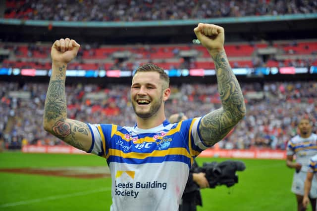 A jubilant Zak Hardaker after Rhinos' Wembley win in 2015. Picture by Steve Riding.