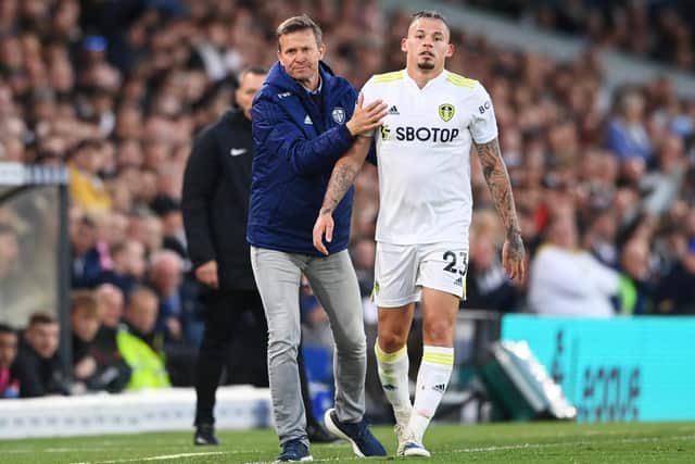 DO IT FOR THE FANS: Says Leeds United's England international star Kalvin Phillips, right, pictured with boss Jesse Marsch, left, during Wednesday night's 3-0 defeat to Chelsea at Elland Road. Photo by Stu Forster/Getty Images.