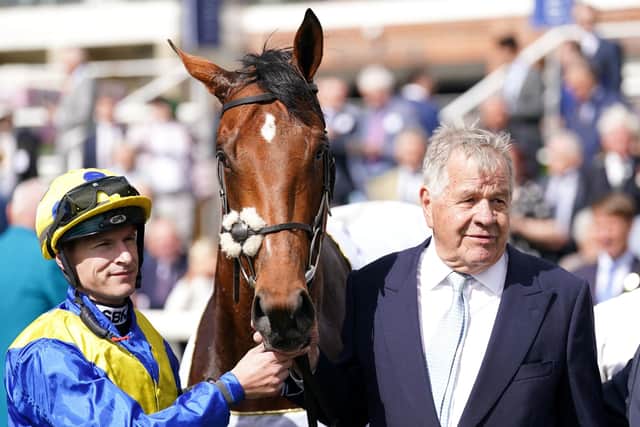 Epsom Bound: Dante winner Desert Crown with jockey Richard Kingscote, left, and trainer Sir Michael Stoute at York.Picture: Tim Goode/PA
