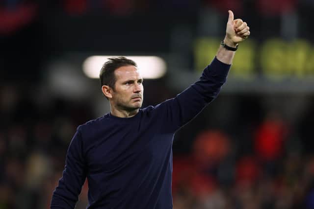 THUMBS UP: From Everton boss Frank Lampard to his side's supporters after Wednesday night's goalless draw at Watford but also to Chelsea and former protege Mason Mount for helping to sink Leeds United at Elland Road. Photo by Clive Rose/Getty Images.
