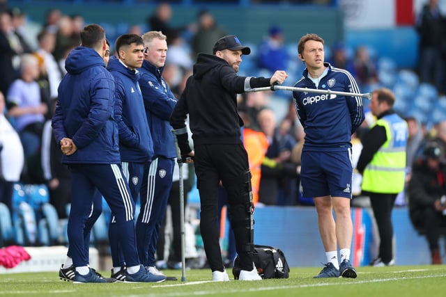 Leeds United midfielder Stuart Dallas [second from right] will be out for an extended period of time with a femoral fracture sustained against Manchester City (Photo by Robbie Jay Barratt - AMA/Getty Images)