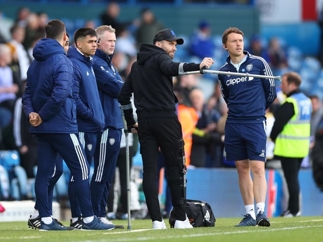 Leeds United midfielder Stuart Dallas [second from right] will be out for an extended period of time with a femoral fracture sustained against Manchester City (Photo by Robbie Jay Barratt - AMA/Getty Images)