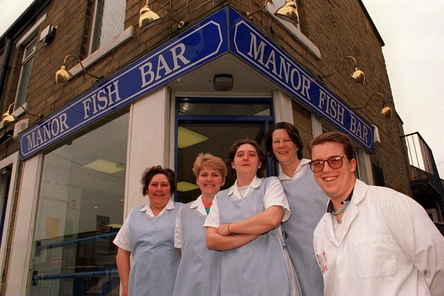 Staff outside Pudsey's Manor Fish Bar in April 1997. Pictured, from left, are Enid Paul, Sharon Alexander, Anita Lofthouse, Sylvia Henderson and Simon Readman.