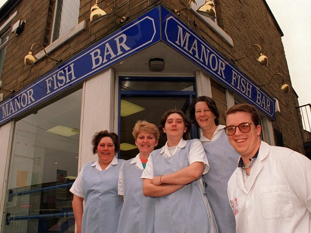 Staff outside Pudsey's Manor Fish Bar in April 1997. Pictured, from left, are Enid Paul, Sharon Alexander, Anita Lofthouse, Sylvia Henderson and Simon Readman.