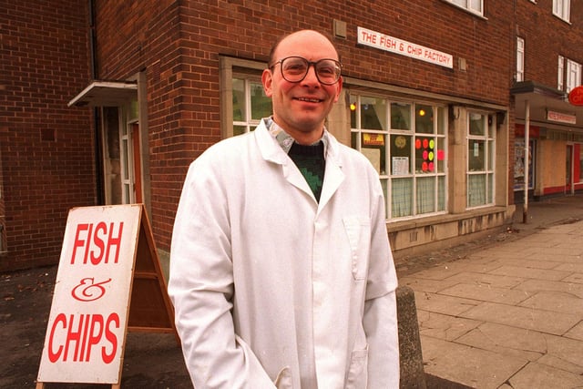 This is Michael Kleinman owner of Pudsey's Fish and Chip Factory. He is pictured in  January 1996.