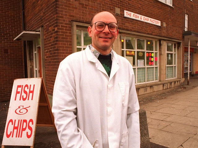 This is Michael Kleinman owner of Pudsey's Fish and Chip Factory. He is pictured in  January 1996.