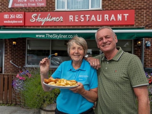 This is Elaine Coyne who was retiring after 38 years at Skyliners fish and chip shop on Austhorpe View in Whitkirk. She is pictured in July 2019 with former owner David Meehan.