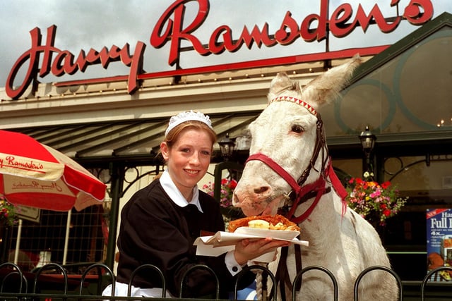 Karen Grimmit of Harry Ramsden's in Guiseley, Leeds, feeds donkey 'Jeremiah' fish and chips in a celebration of Yorkshire Day in 1996.