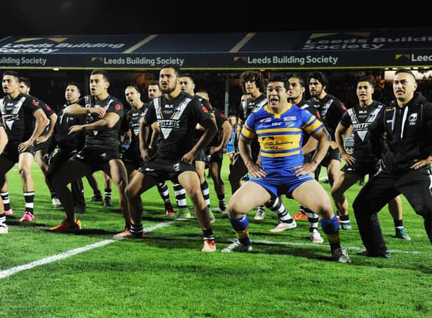 Leeds Rhinos' Kylie Leuluai joins the New Zealand haka the last time the sides met in October 2015. Picture: Steve Riding.