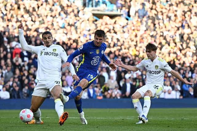 PRAISE: For Leeds United's fans from Chelsea star Mason Mount, centre, pictured firing in a shot under pressure from Pascal Struijk, left, and Lewis Bate, right, during Wednesday's 3-0 victory for the Blues at Elland Road. Photo by OLI SCARFF/AFP via Getty Images.