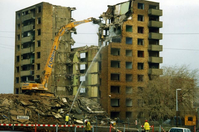 Manston Towers in the process of demolition in January 2001. This block of flats situated off Eastwood Lane was one of 10 that were demolished during the 2000s as part of a redevelopment scheme for the Swarcliffe housing estate.