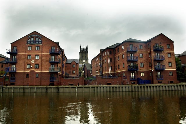 The waterfront on the River Aire at The Calls with Leeds Parish Church in the background pictured in October 2001.