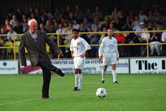 Leeds United legend John Charles kicked off a pre-season friendly between Harrogate Town and Leeds United in August 2001.