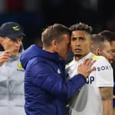 SUB: Raphinha is withdrawn as a precaution during Leeds' defeat to Chelsea (Photo by Robbie Jay Barratt - AMA/Getty Images)