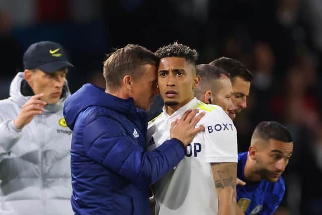 SUB: Raphinha is withdrawn as a precaution during Leeds' defeat to Chelsea (Photo by Robbie Jay Barratt - AMA/Getty Images)