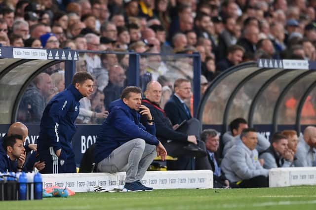 CRUNCH TIME: For Leeds United and boss Jesse Marsch, centre, whose side will be relegated if failing to take a point from their final two games following Wednesday night's 3-0 loss at home to Chelsea, above. Photo by Stu Forster/Getty Images.