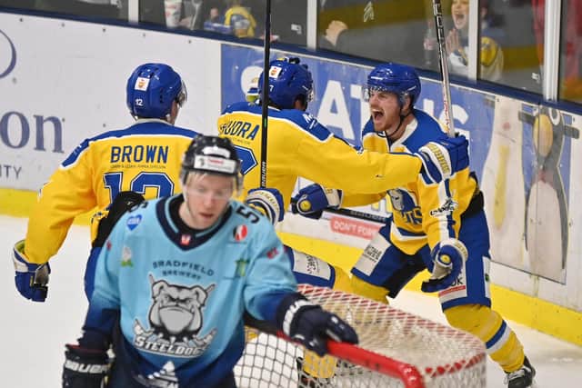Matty Davies (far right) enjoyerd a successful return to the ice during his one season at Leeds Knights. 
Picture: Bruce Rollinson