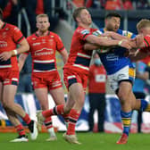 Rhyse Martin takes a carry in Rhinos' win over Hull KR . Picture by Bruce Rollinson.