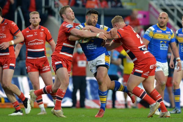 Rhyse Martin takes a carry in Rhinos' win over Hull KR . Picture by Bruce Rollinson.