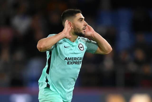 MARKET LEADER: Brighton's Neal Maupay, above, is favourite to score first in Sunday's showdown against Leeds United at Elland Road.
Photo by Mike Hewitt/Getty Images.