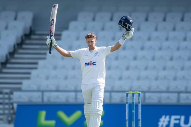 SEALED: Yorkshire's Joe Root celebrates his century against Lancashire Picture by Allan McKenzie/SWpix.com