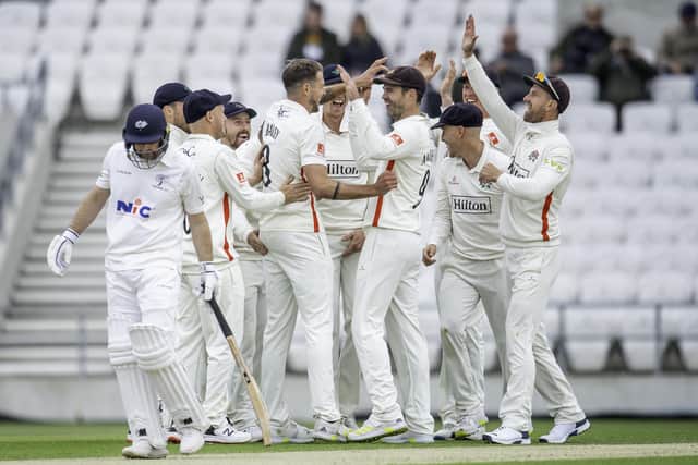 Lancashire's celebrate Tom Bailey's dismissal of Yorkshire's Adam Lyth. Picture: Allan McKenzie/SWpix.com